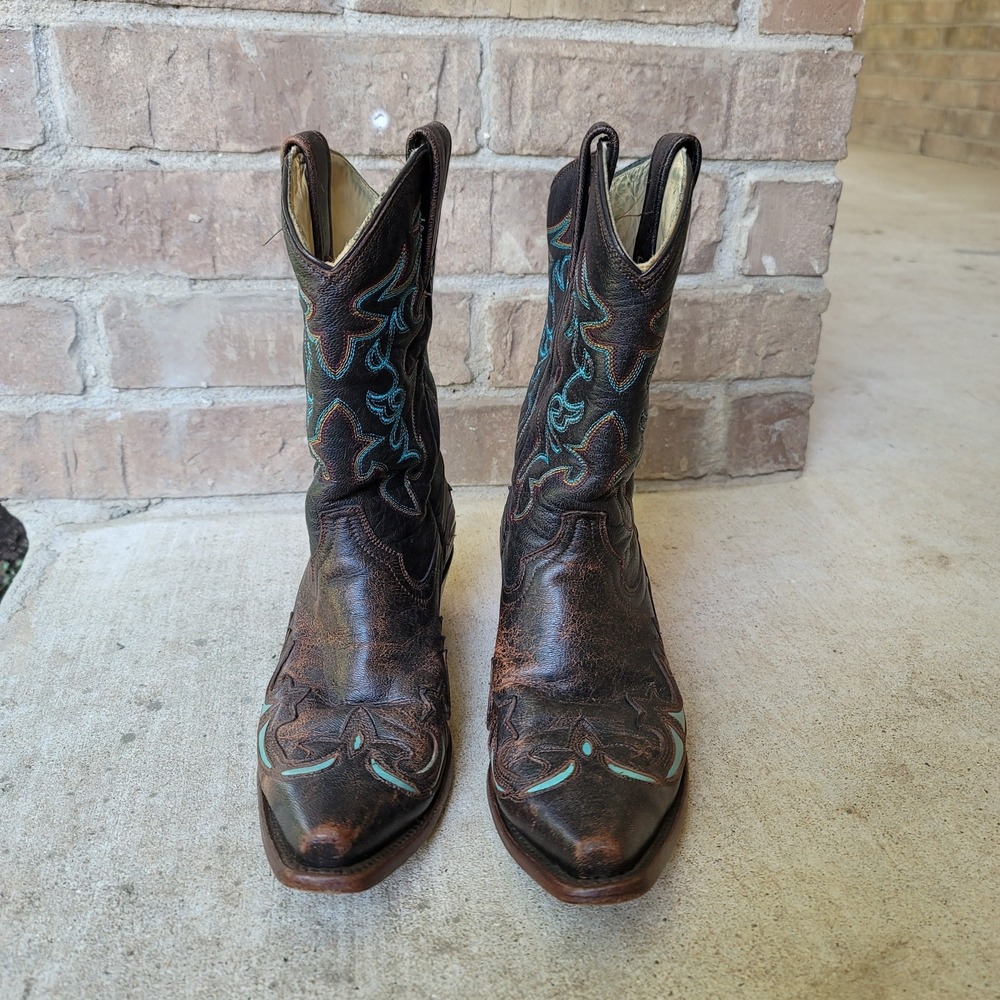 Corral Women's Turquoise Inlay Distressed Brown Leather Snip Toe Boots 7.5 M